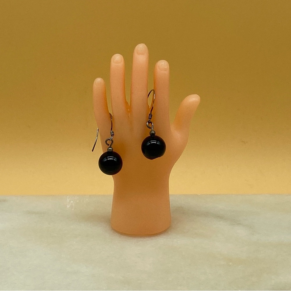 Vintage silver dangle earrings black polished beads 925 - 0020